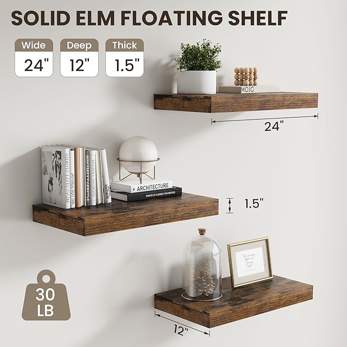 Dreamland Floating Shelves 24inch, 2 Pack Rustic Wooden Wall Shelves, Wall