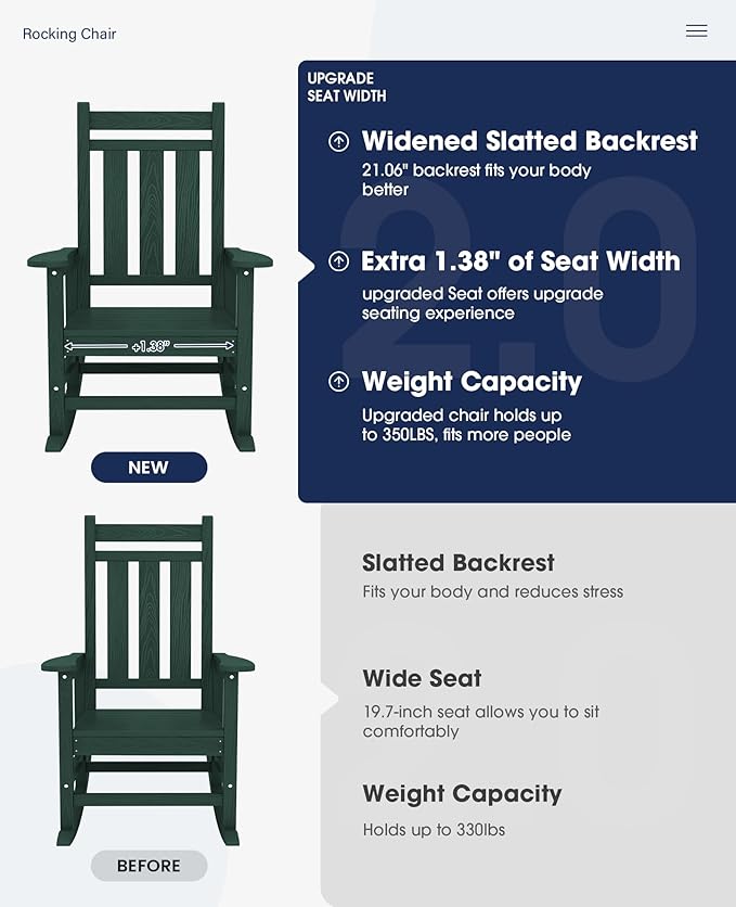 KINGYES Oversized Outdoor Rocking Chair, All-Weather Patio Rocking Chairs
