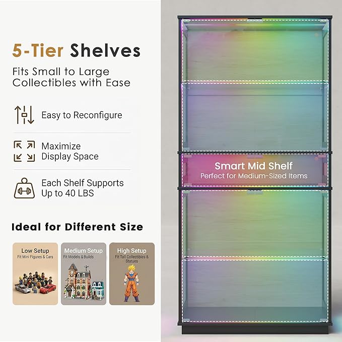RGB Glass Display Cabinet, 5-Tier Lighted Display Case