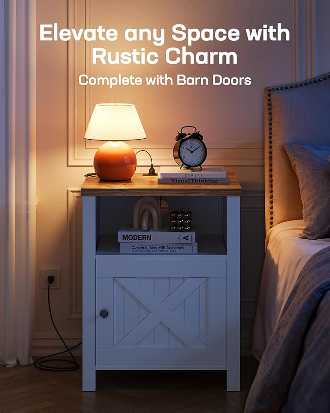 Marsail Farmhouse Nightstand Set of 2, Wood Bedside Table
