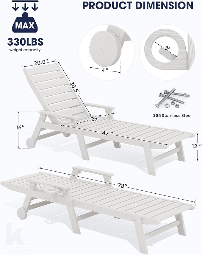 KINGYES HDPE Lounge Chair Outdoor Set of 2, Patio Chaise Lounge Recliner