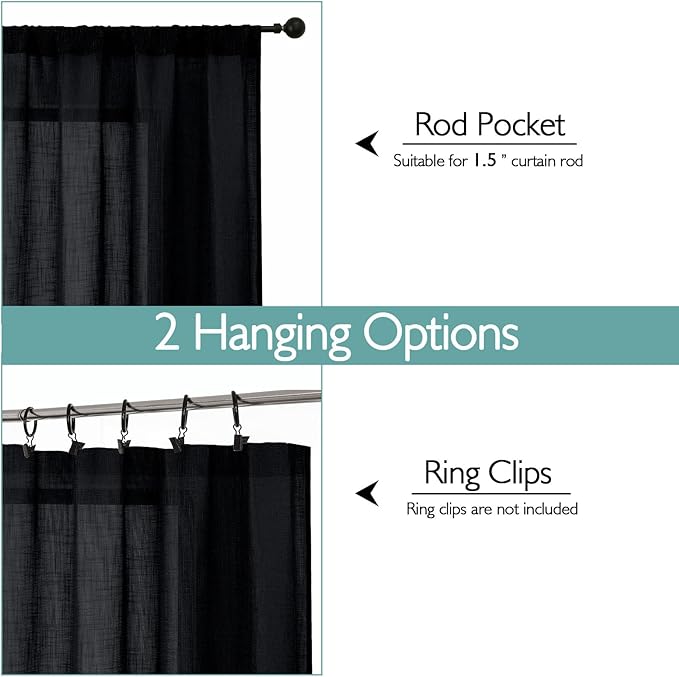 Chyhomenyc Black Semi Sheer Curtains 72 Inch Length 2 Panels Set, Light
