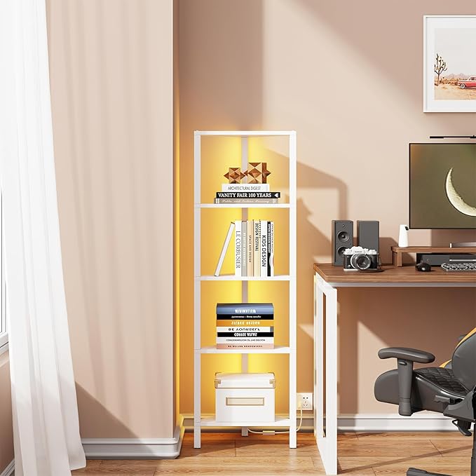 TUTOTAK Corner Shelf with LED Light, 5-Tier Corner Bookshelf
