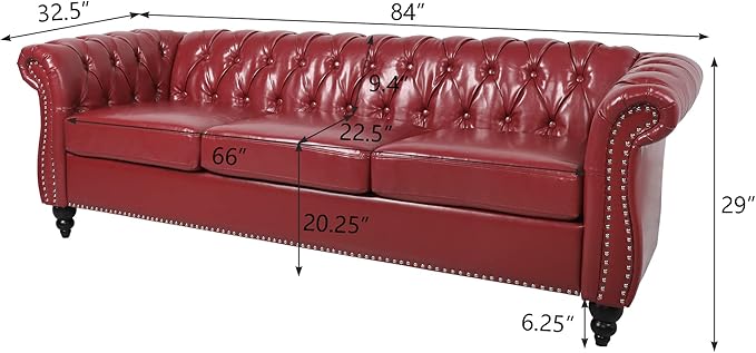 ORRD 3 Pieces Living Room Set, Chesterfield Sofa Faux Leather Loveseat Couch