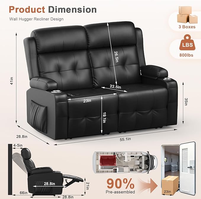 RV Loveseat Recliner Sofa, Massage Wall Hugger Reclining Couch