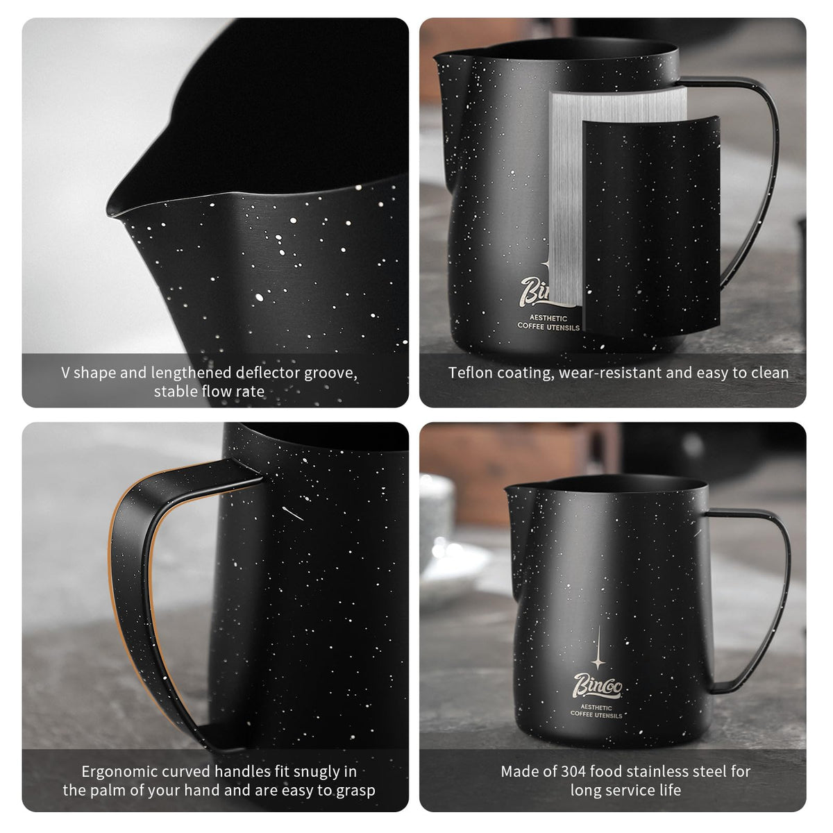 Bincoo Star Milk Frothing Pitcher 21oz/600ml,Espresso Steaming Pitcher,Espresso Machine Accessories,Milk Frother cup,Milk Coffee Cappuccino Latte Art for Home Coffee Bar(Black 20oz)