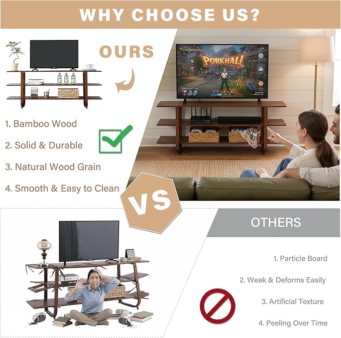 Tiita Wooden TV Stand for 65 Inch TV, Modern Media Console Table