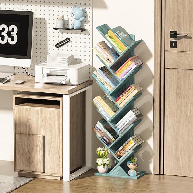 SHEEPAM 10 Tier Tree Book Shelf, Floor Standing Wood Bookshelf