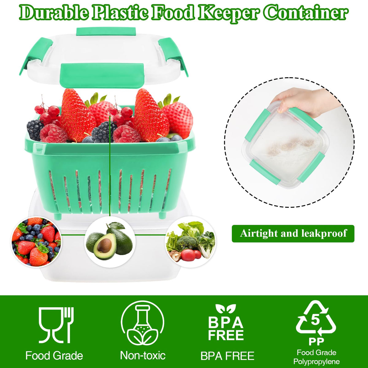 50oz Berry Keeper Fruit Storage Container for Fridge, Fresh Food Produce Saver Containers with Removable Drain Colanders, Vegetable Lettuce Keeper Bowl, Refrigerator Organizer, PRESS TO OPEN CLOSE LID