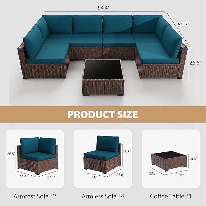 KIGOTY Patio Furniture Set, 7 Pieces Modular Outdoor Sectional Sofa, PE Rattan