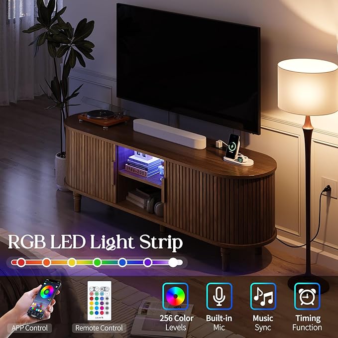 TV Console with Power Outlet-55 Entertainment Center with Sliding Tambour Door