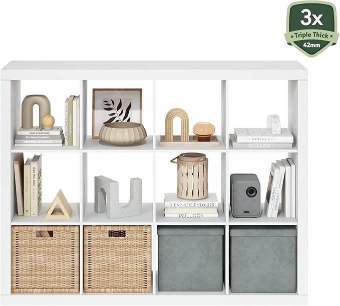 Furinno Cubicle Book Shelf, 12-Cube Bookshelf, Triple Thick Frame Cube Storage