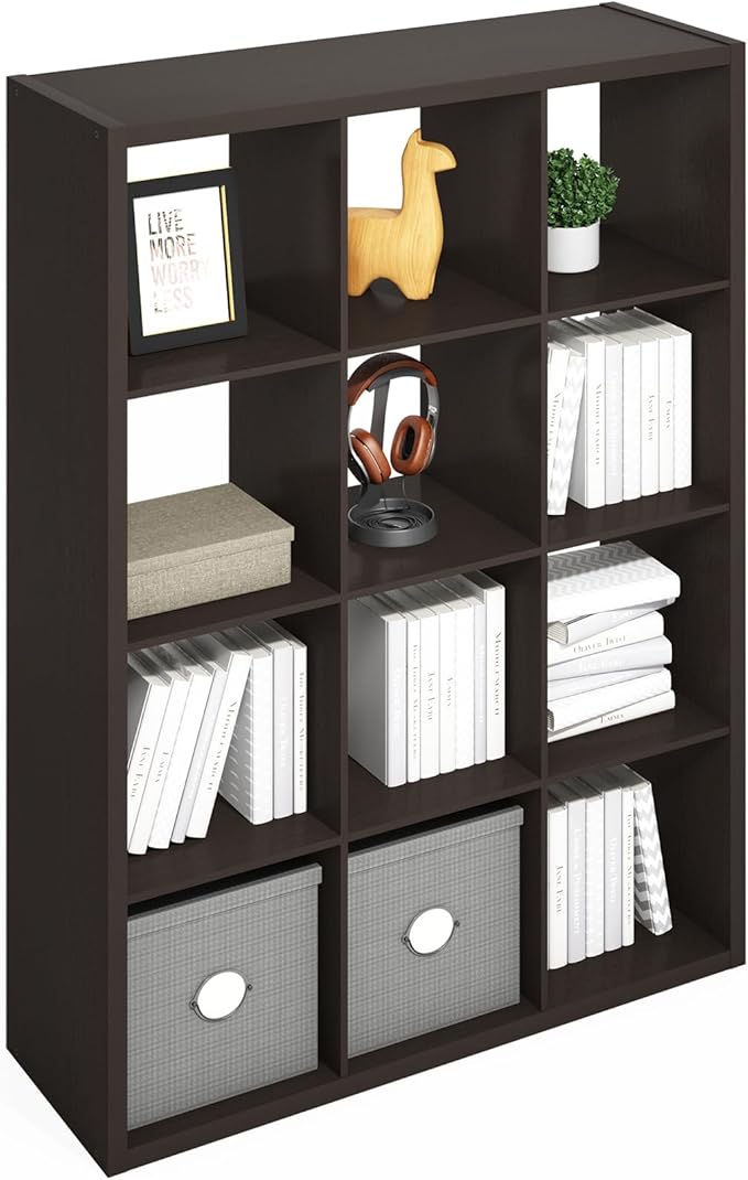 Furinno Simple Cube Storage Organizer, 12-Cube Display Shelf, Open Back
