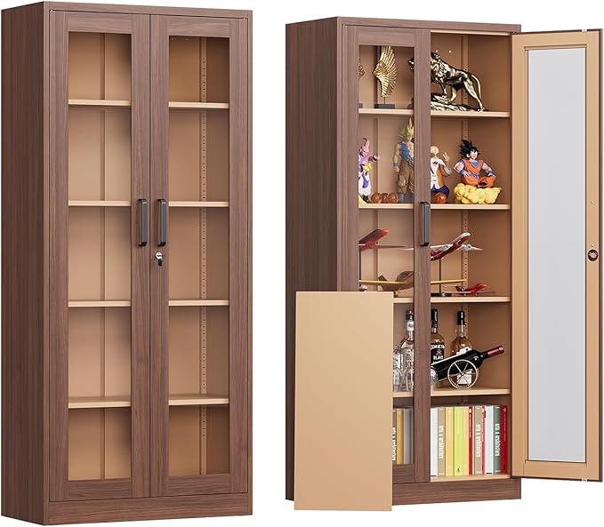 Locking Display Cabinet with Glass Door, 71”H Metal Curio Cabinets with