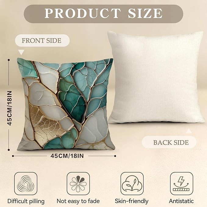 OBSEDE Teal and Gold Leaf Decorative Throw Pillow Covers 18x18 Set of 4