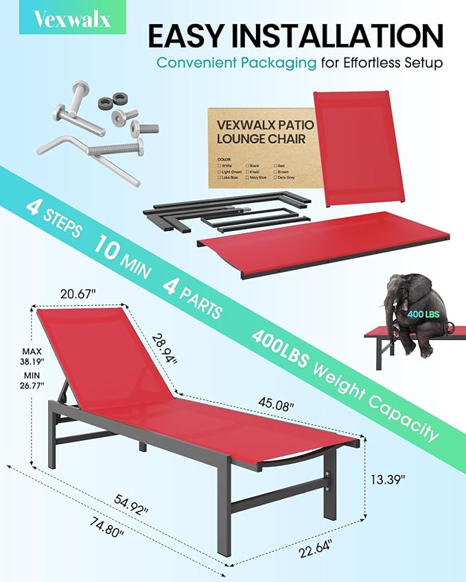 Vexwalx Outdoor Lounge Chairs Set of 2, Aluminum Patio Chaise Lounge Chairs