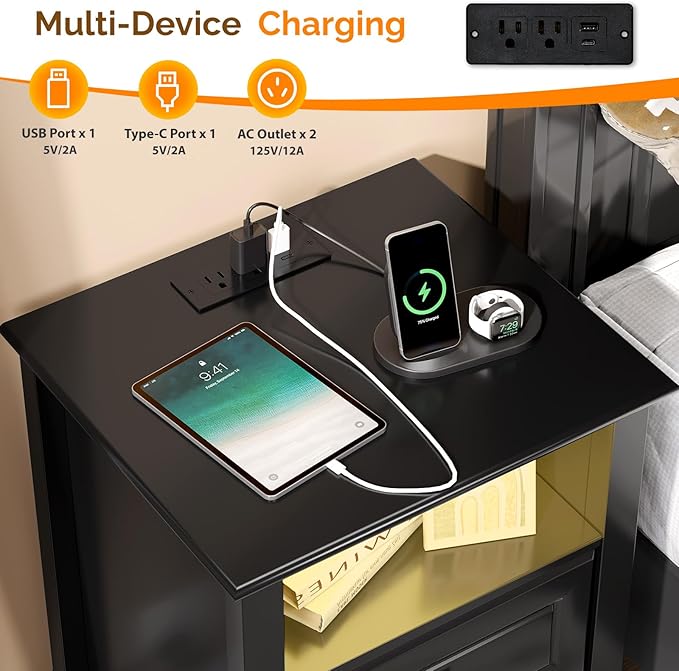 Bonnlo Led Nightstand with Charging Station, Night Stand Black Bedside Table
