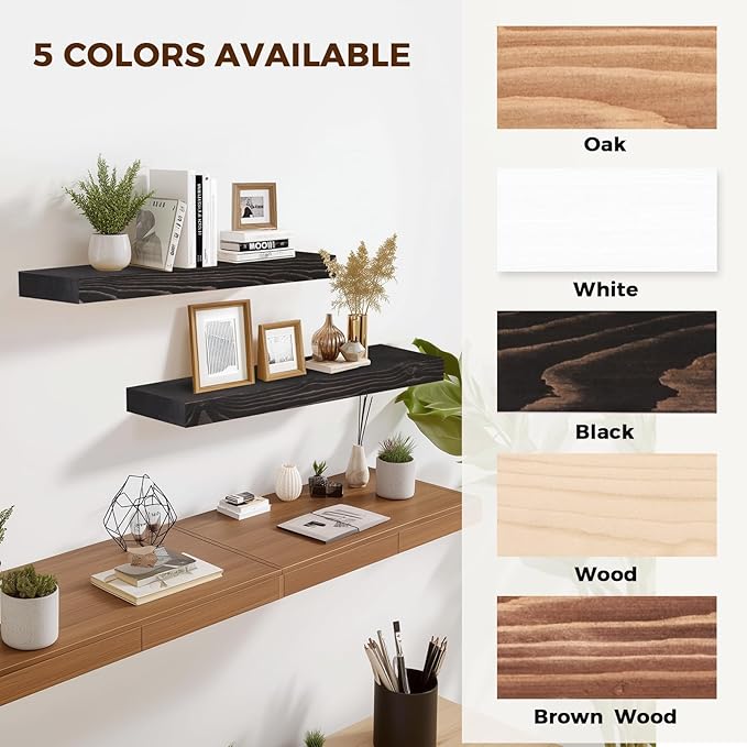 24x8x1.6 inch Floating Shelves Set of 2 – Solid Wood Rustic Black Wall Mounted