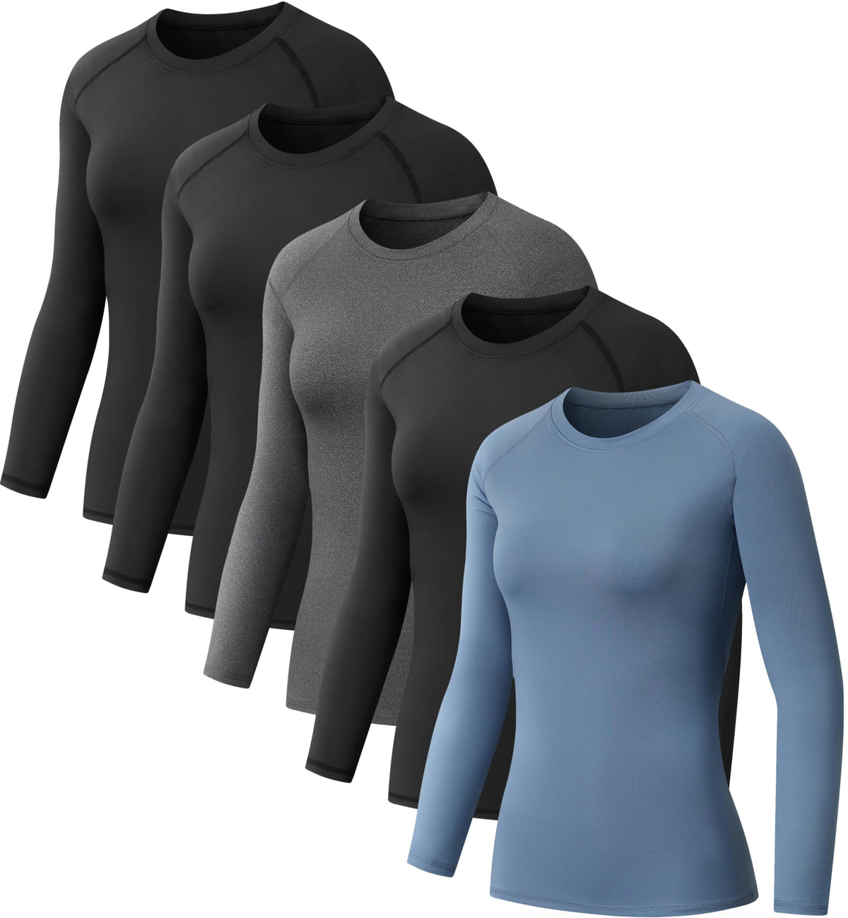 NebuKinex 5 Pack Women's Compression Shirt Long Sleeve Workout Tops Athletic Baselayer Quick Dry Gym Yoga Running T-Shirt 3Black/Grey/Blue M