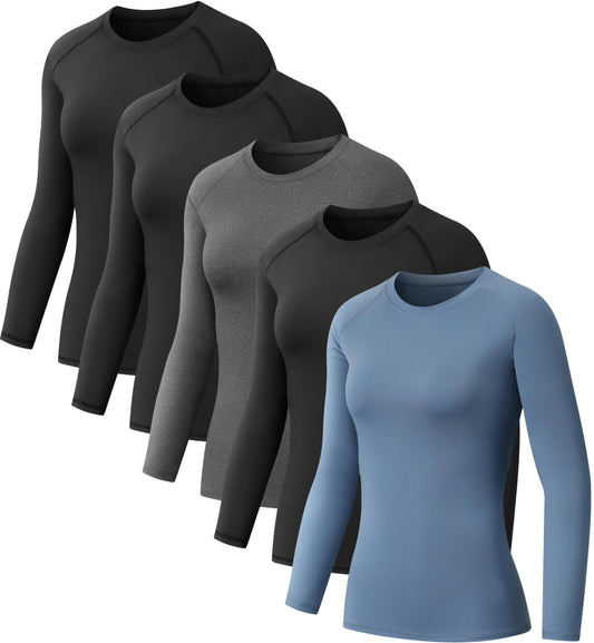 NebuKinex 5 Pack Women's Compression Shirt Long Sleeve Workout Tops Athletic Baselayer Quick Dry Gym Yoga Running T-Shirt 3Black/Grey/Blue M