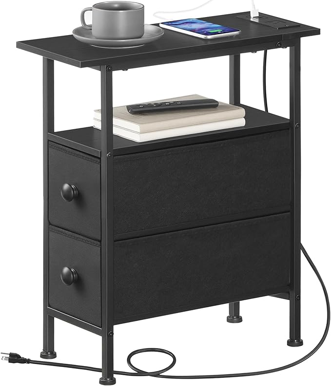 HOOBRO End Table with Charging Station, Narrow Side Table with 2 Fabric Drawers