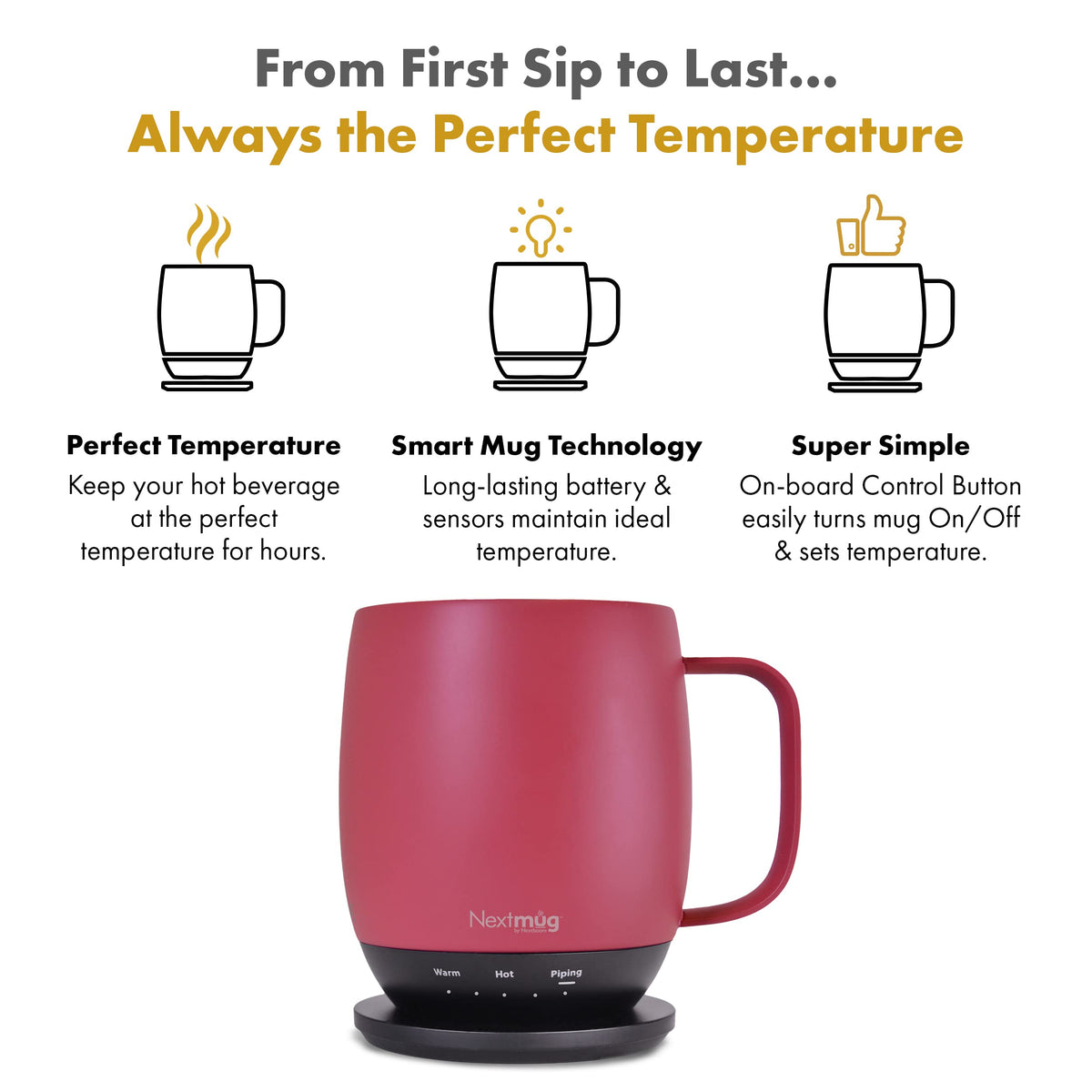 Nextmug - Temperature-Controlled, Self-Heating Coffee Mug (Dusty Rose - 14 oz.)