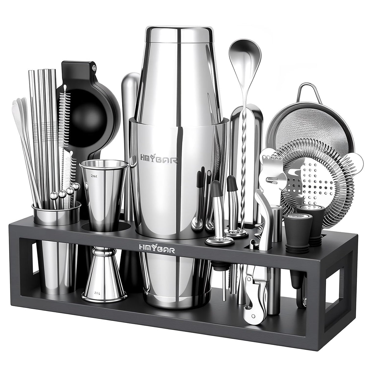 HMYBAR® Bartender Kit with Black Bamboo Stand, 31-Piece Cocktail Shaker Set, 20/28 oz Boston Shaker Set for Home Bar, Mixology Bar Tool Set with 39 Recipe Cards
