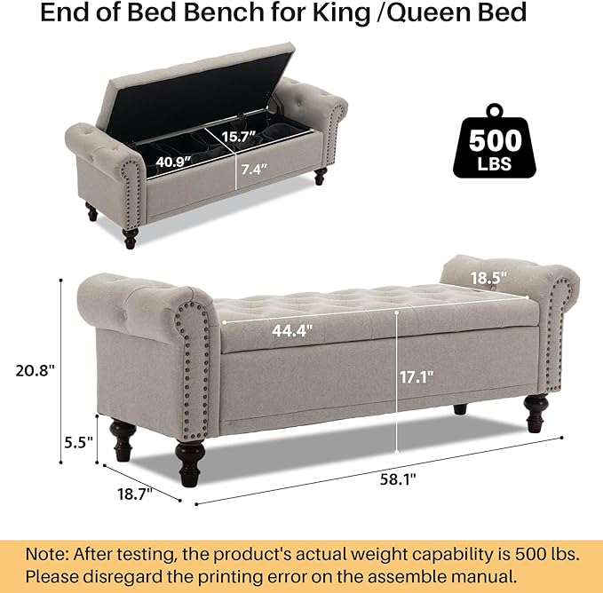 SOFTHION 58.1" Storage Bench Upholstered Linen End of Bedroom Bed Bench Ottoman