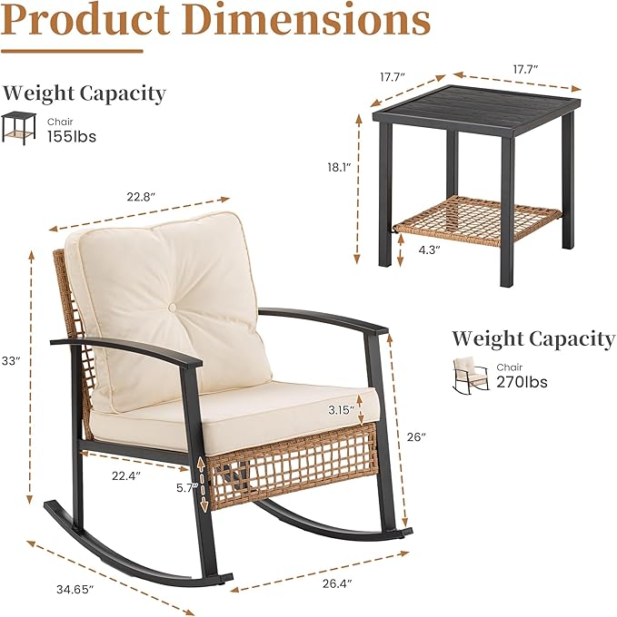 COSIEST 3-Piece Outdoor Rocking Chairs Bistro Set, Rattan Patio Furniture