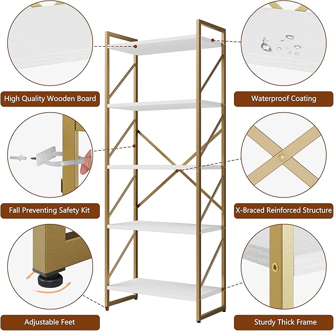 Shintenchi 2 Pieces 5 Tiers Bookshelf, Classically Tall Bookcase Shelf