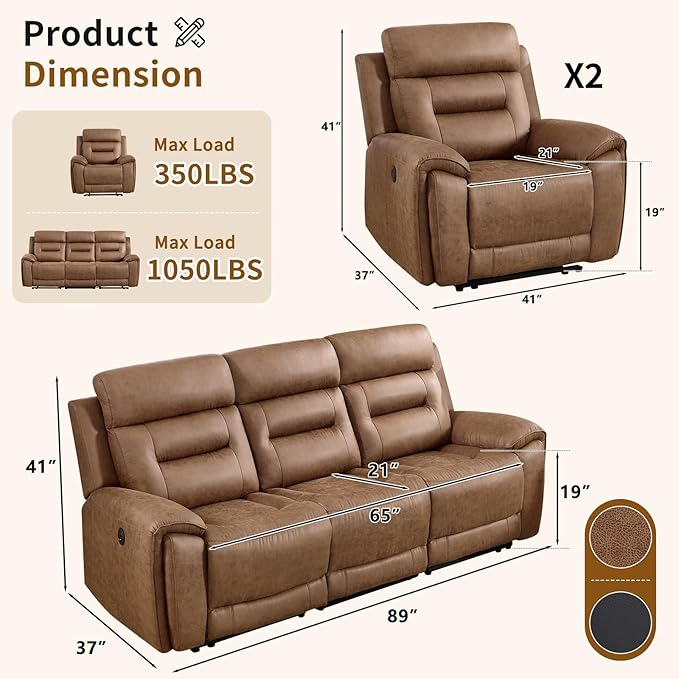 ANJ 3-Piece Faux Leather Power Recliner Sofa Set