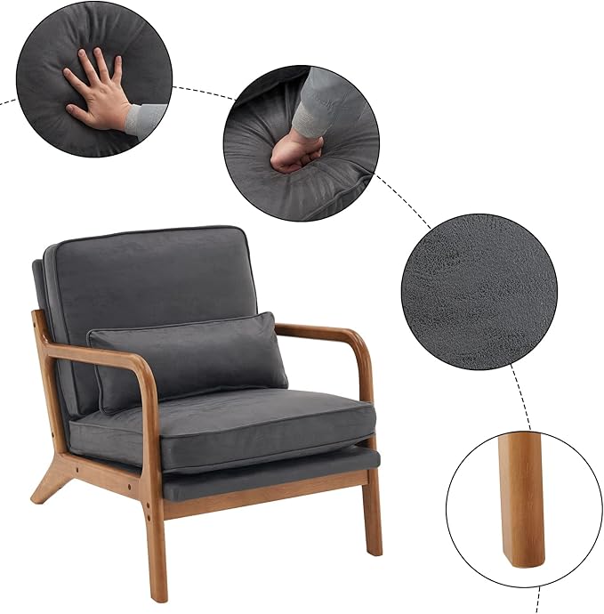 Bonnlo Microfiber Dark Grey Mid Century Modern Accent Chair, Soild Wood Padding