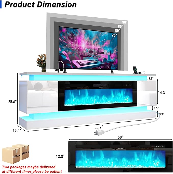chartustriable 81IN LED TV Stands w/50 inch Fireplace Power Outlet