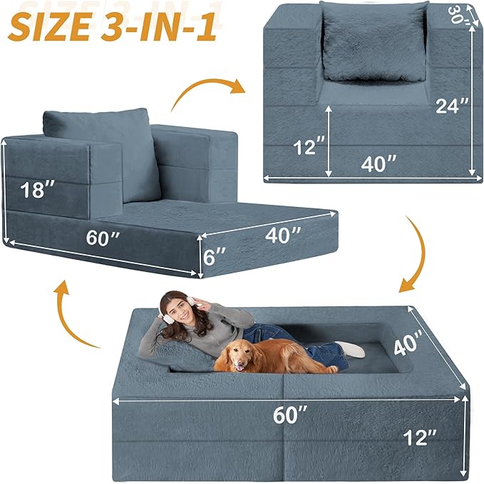 Folding Bean Bag Chair for Adults, 3-in-1 Bean Bag Couch Faux Fur Floor Sofa