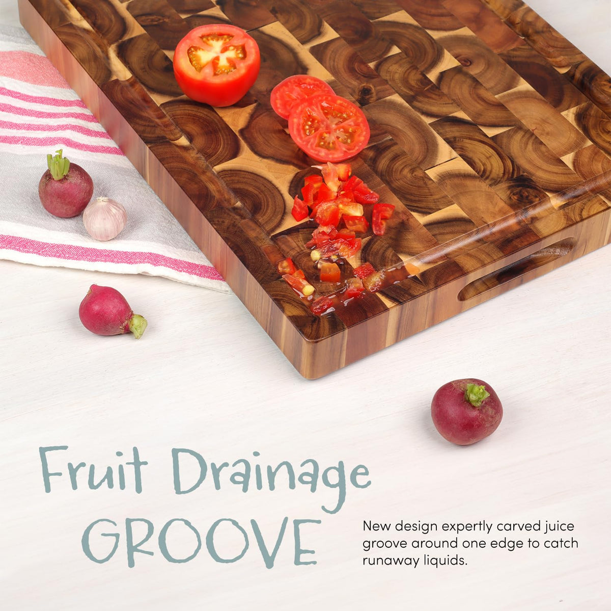 Acacia End Grain Cutting Board (17x13x1.5in), Butcher Block - Reversible Multipurpose Chopping Board with Juice Groove, Cracker Holder & Inner Handles