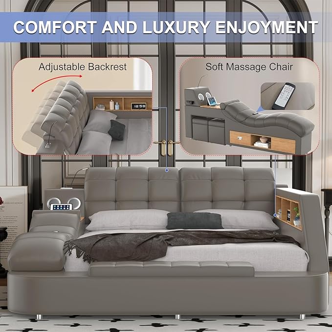 Luxury Smart King Bed Frame, Leather Headboard/Strong Wooden Slats