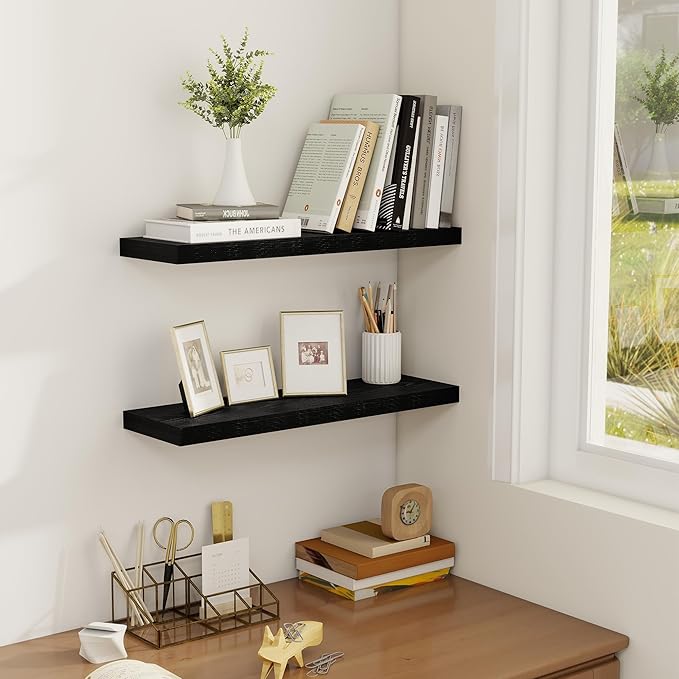 Fun Memories Deep Black Floating Shelf, 22.5" W x 6.5" D Rustic Wood Wall Shelf