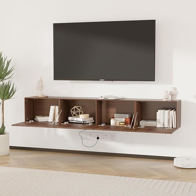 71” Floating TV Stand with LED Lights & Charging Station, Wall Mounted