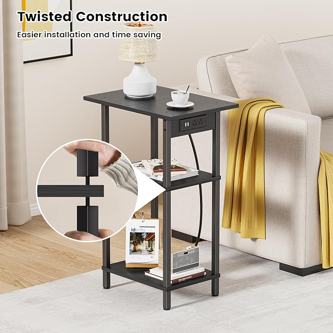 Asgolion Tall End Table with Charging Station, Skinny Nightstand with USB Ports