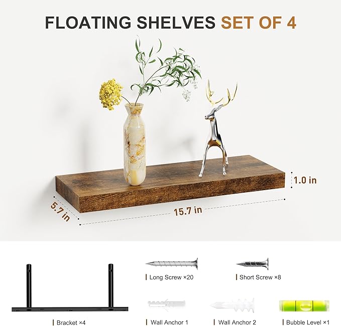 Bellsal Floating Shelves for Wall, Rustic Brown Wood Wall Shelf Set of 4