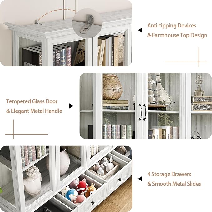 78" Large Storage Cabinet with Glass Doors, China Hutch, Farmhouse Kitchen