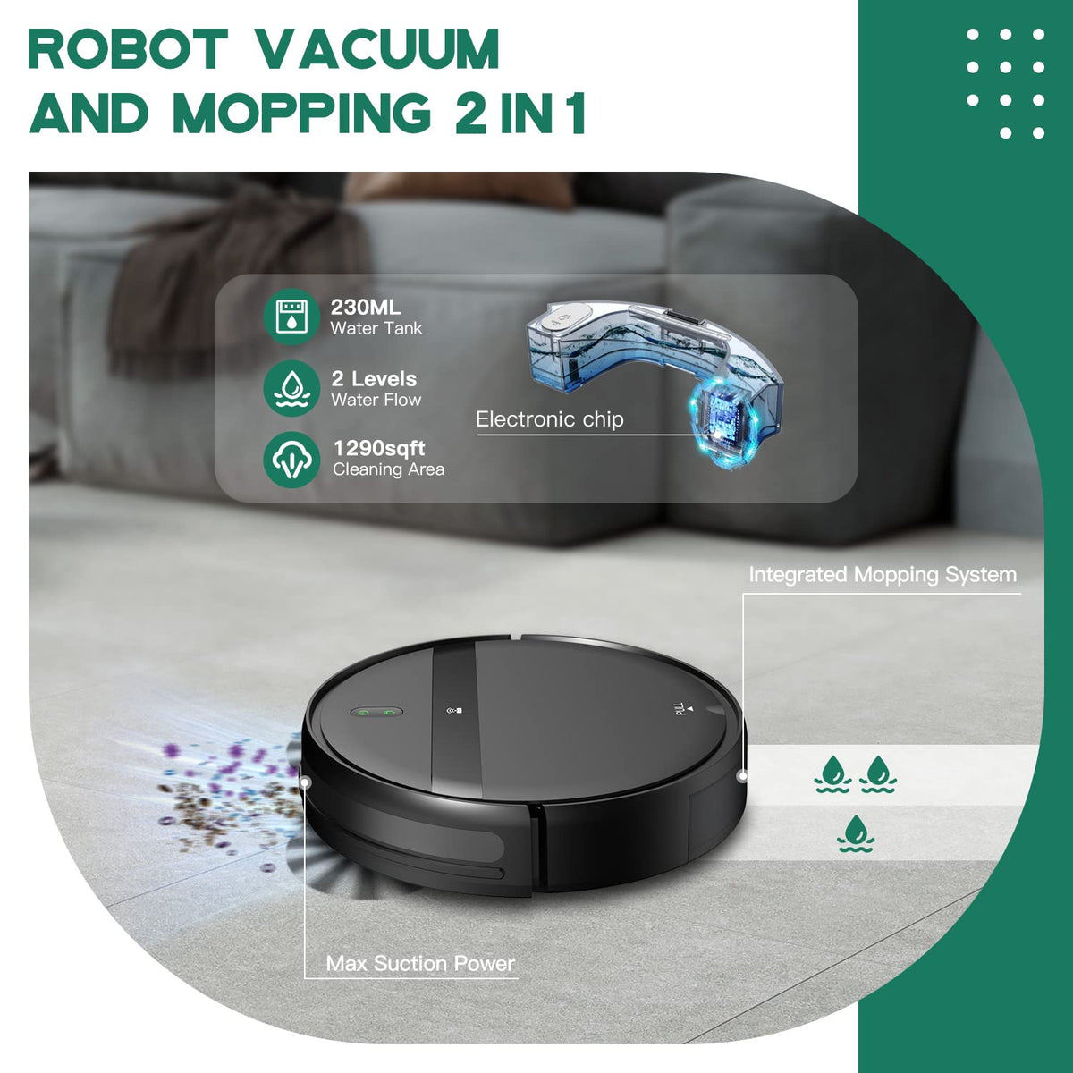 Kilgone Robot Vacuum and Mop Combo - WiFi/Alexa/App, Robotic Vacuum Cleaner, Ultra-Slim & Quiet, Tangle-Free, Auto Recharge, Multi-Surface Cleaning, Cleans Carpets, Hard Floors & Pet Hair Efficiently