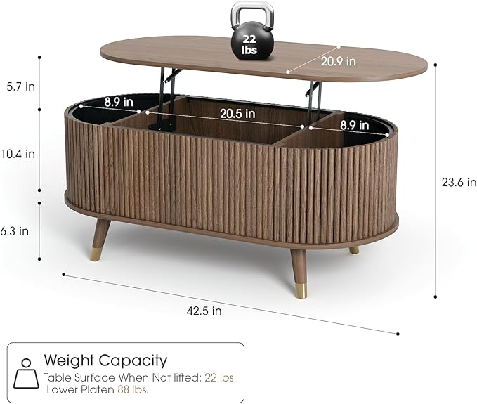 SULIVES Oval Coffee Table with Storage, Small Fluted Center Table