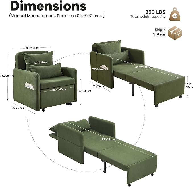 Iroomy 5-Level Adjustable Convertible Sleeper Chair, 3-in-1 Corduroy Pull Out