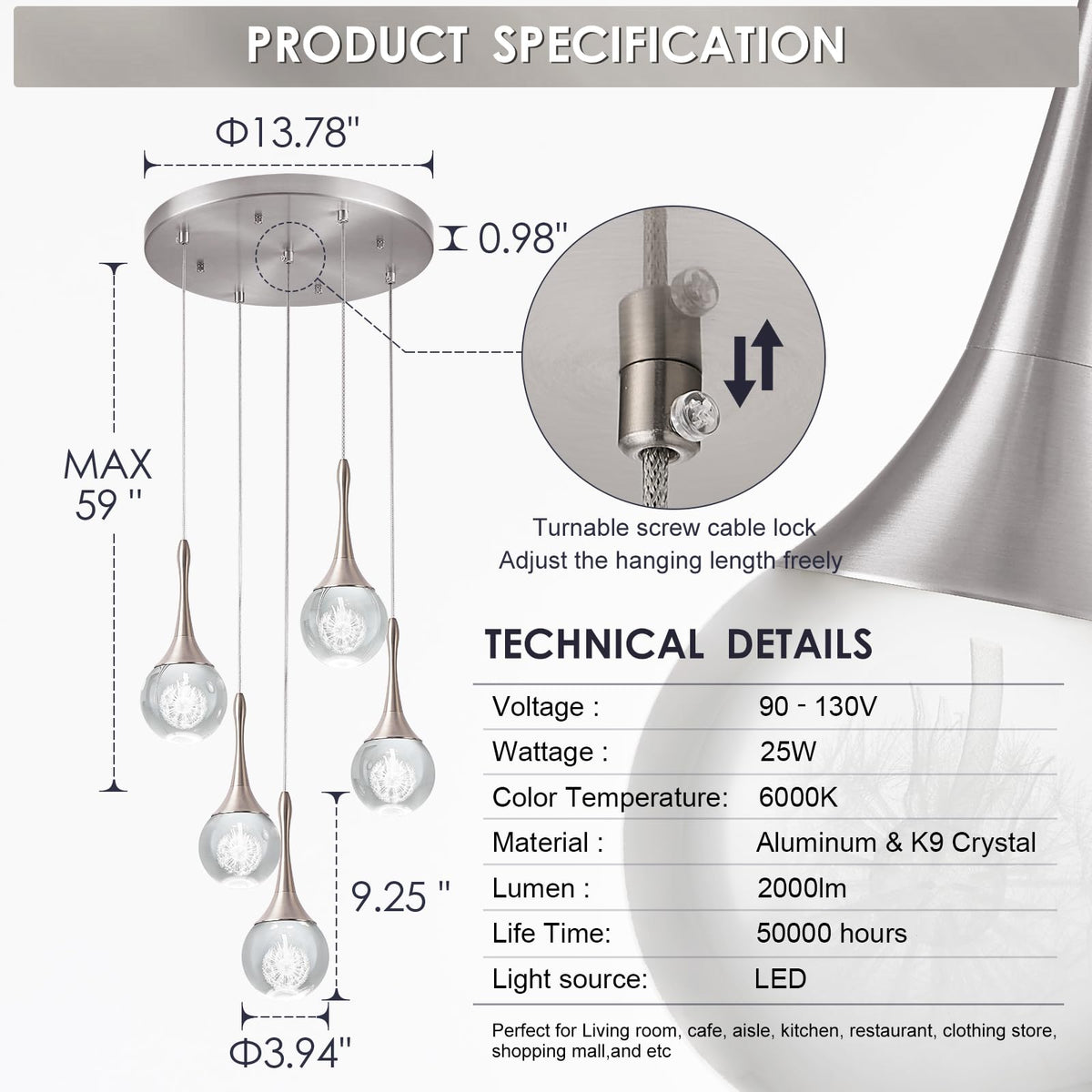 5 Lights Crystal Pendant Light, Brushed Nickel 25W Dimmable LED Teardrop Cluster Pendant Lighting Fixture for Dining Room Over Kitchen Island Bathroom Room Foyer Hallway Bedroom 6000k Cold White