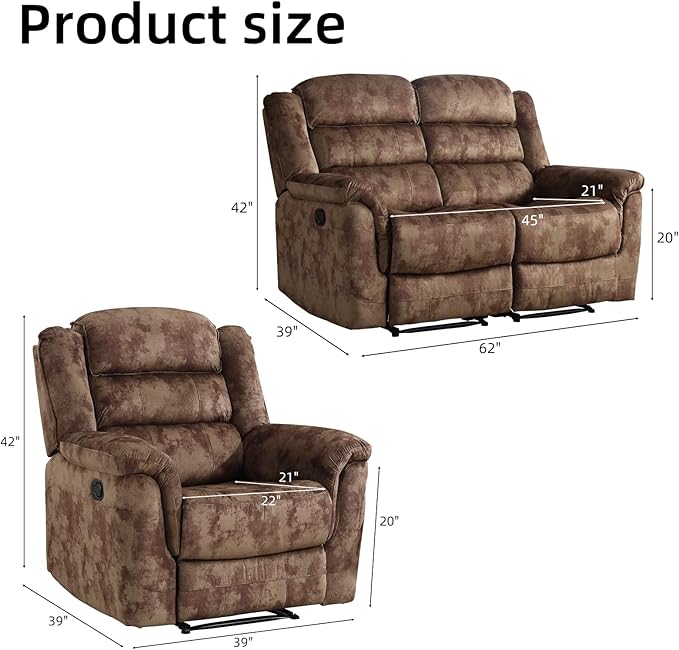 EBELLO 2 Pieces Loveseat Reclining Couch Furniture Set, Soft Fabric Manual