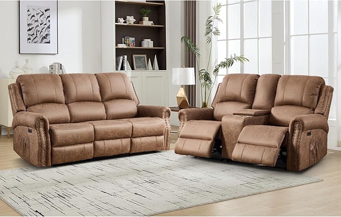 EBELLO 2 Pieces Power Reclining Sofa Set, Faux Leather Reclining Living Room