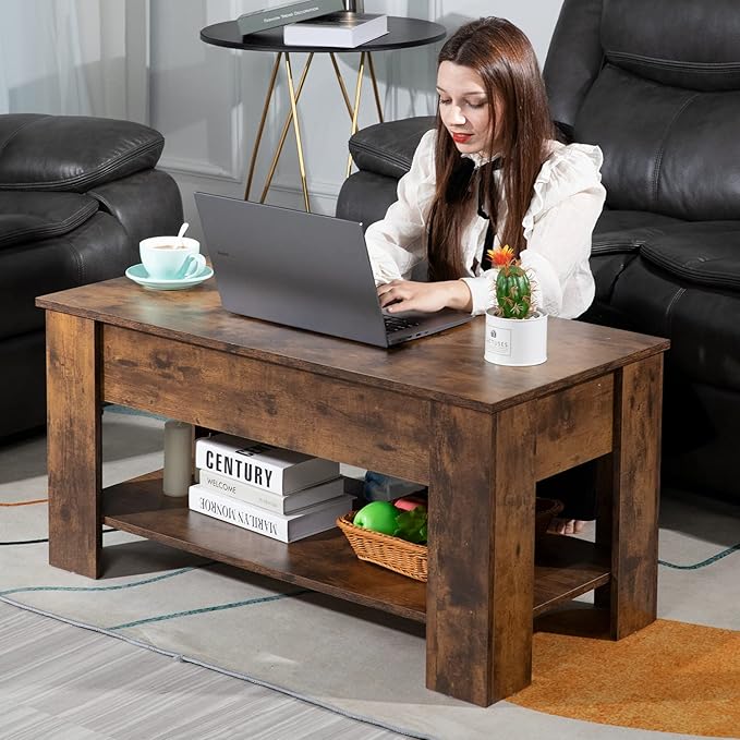 FDW Lift Top Coffee Table with Hidden Compartment and Storage Shelf Wooden Lift