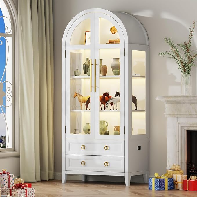 Vlsrka 71 Inch Arched Curio Cabinet, 4-Tier Display Cabinet and 2 Drawers