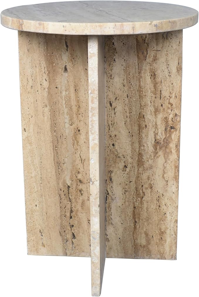 JONATHAN Y Javier Solid Travertine Marble End Table, 14-inch Round Modern